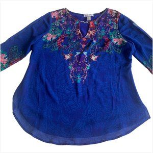 Joseph Ribkoff Vintage Spangle Paisley Geometric Boho Chiffon Blue Women Blouse